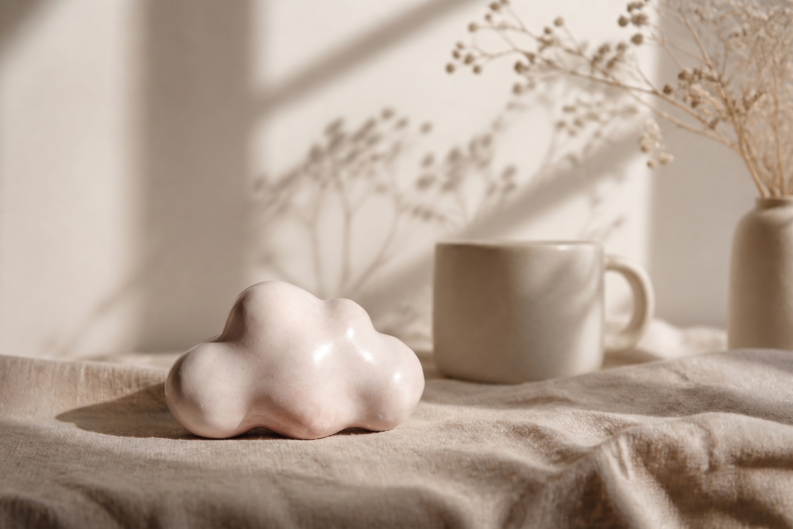 A small ceramic cloud resting on linen in morning light