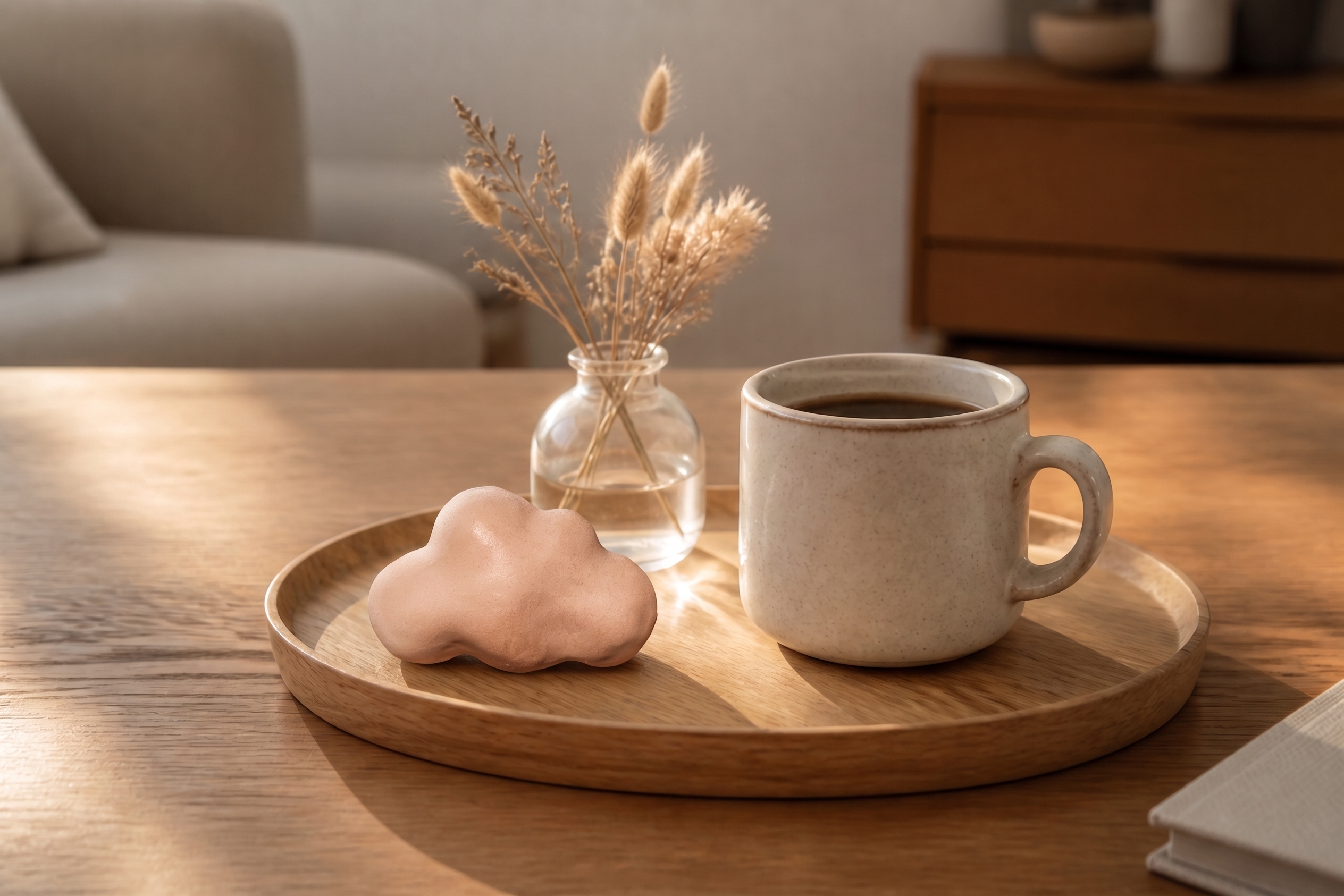 Ceramic cloud on a wooden tray beside morning coffee
